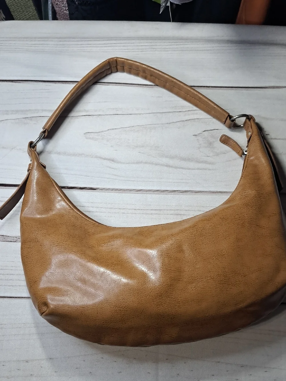 Women's Tan Hobo Shoulder Bag with Silver Ring Accents